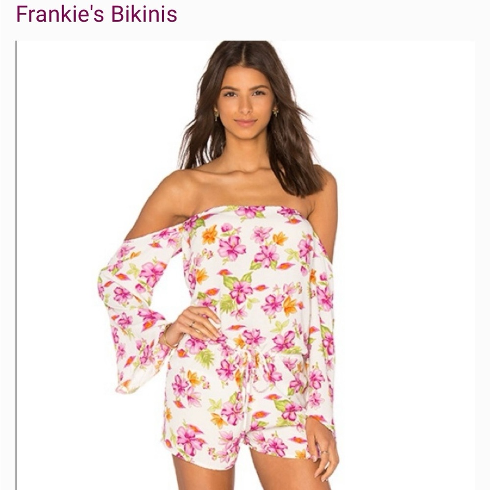 🌺🌸 Frankie's Bikinis Floral Off-Shoulder Romper Purple/Green XS excellent cond